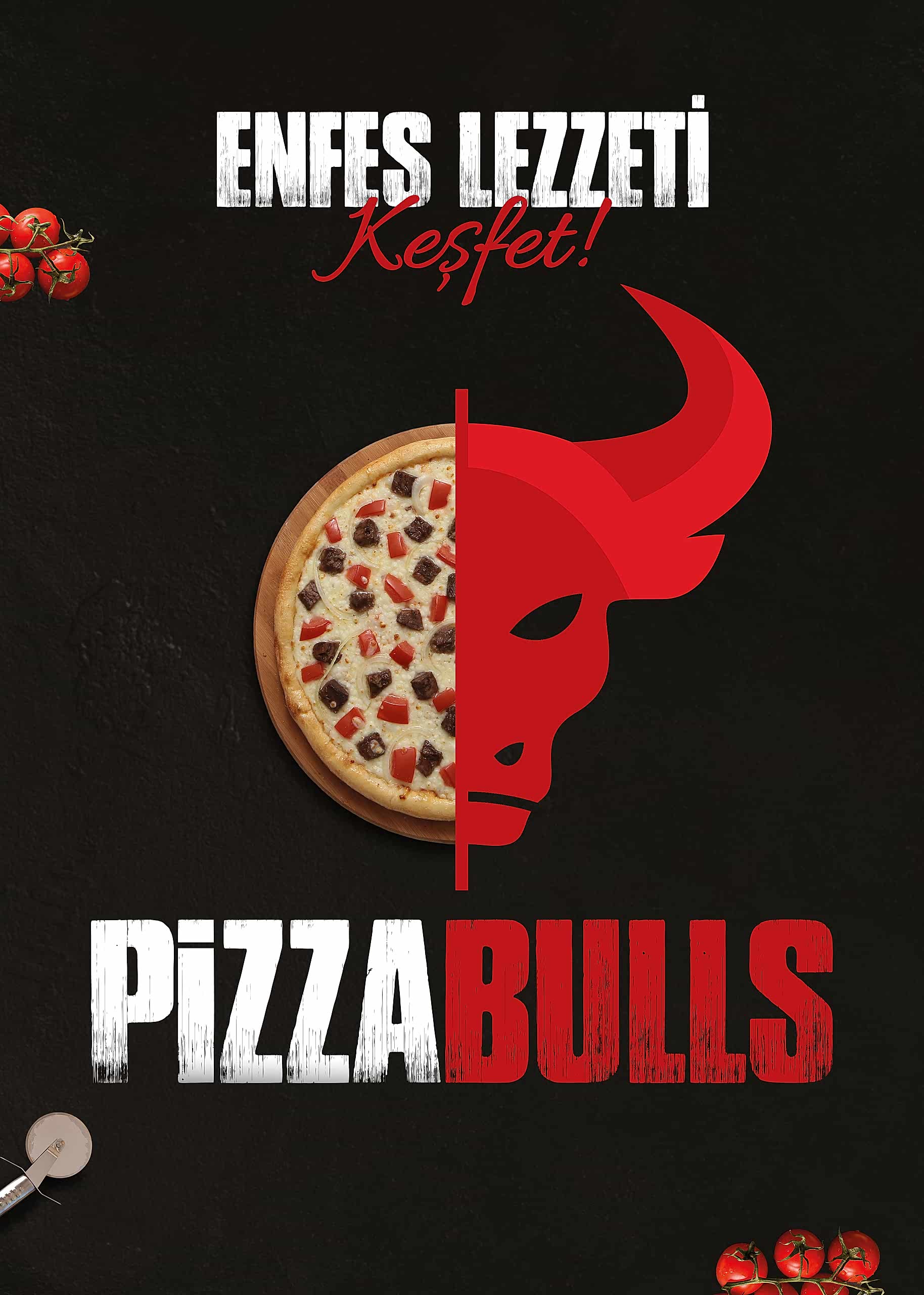 Enfes lezzeti keşfet yarı pizza yarı pizzabulls logosu birleşimi